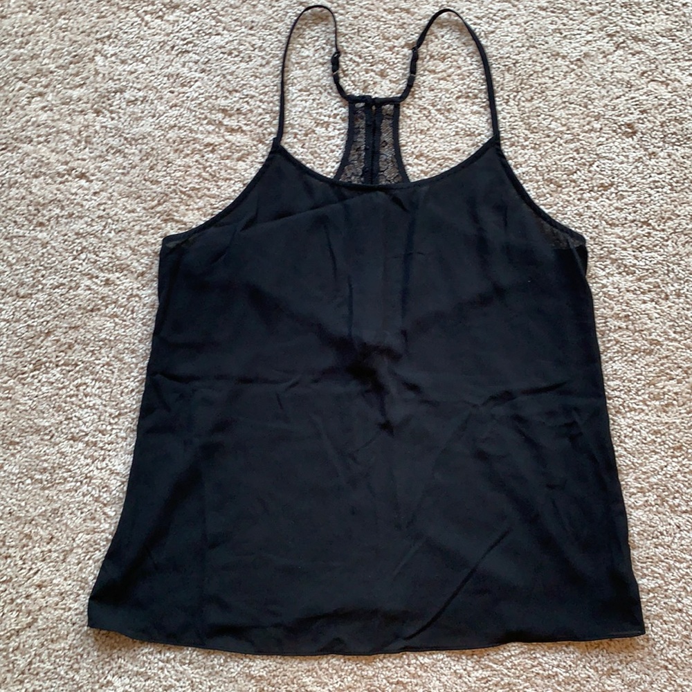 Black racerback tank with lace and button back